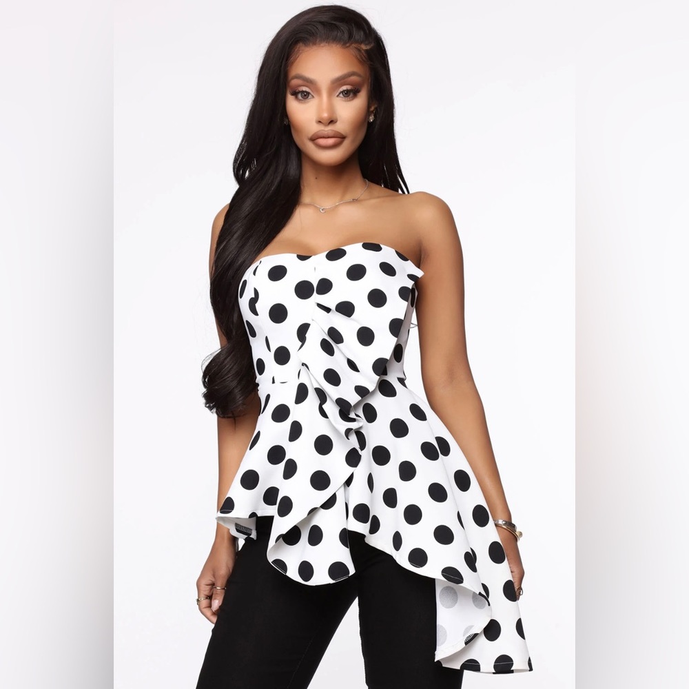 Fashion Nova “Right on the Spot Peplum Top” Black and White Polka Dot